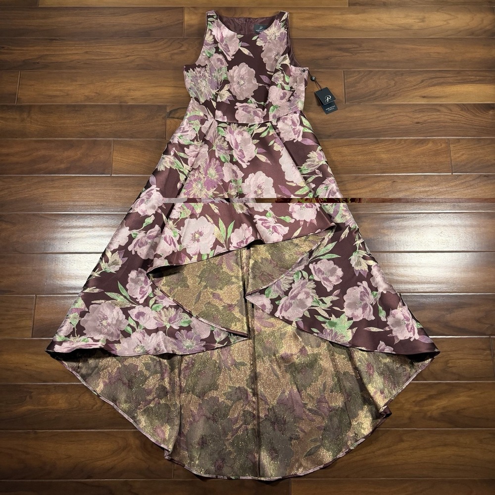 Adrianna Papell Women's Size 6 Burgundy Floral Halter High Low Gown Dress